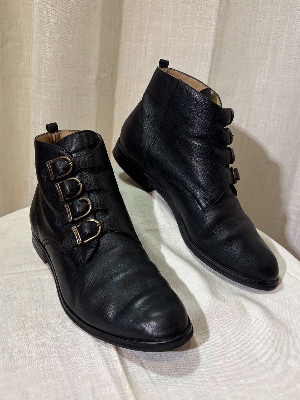 Women's Black Leather Ankle Booties with Buckle Straps